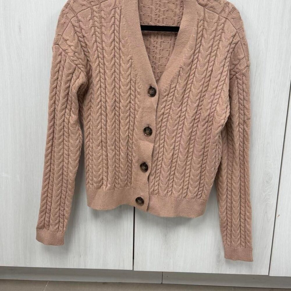 Tahari Camel Cable Knit Button Front Cardigan Sweater Women’s M